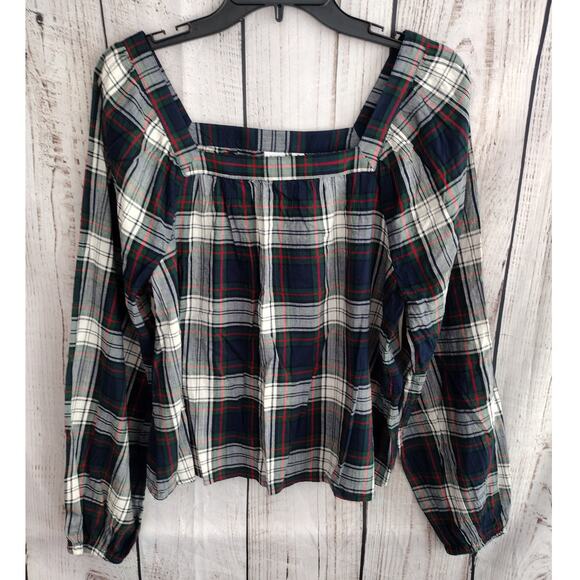 Gap NEW Holiday Plaid Square Neck Long Sleeve Flowy Peasant Top Women Medium - Picture 2 of 9